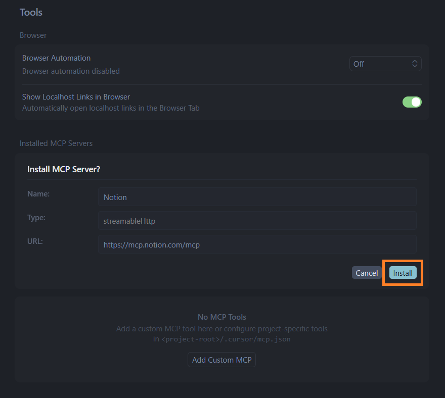Cursor MCPインストール画面