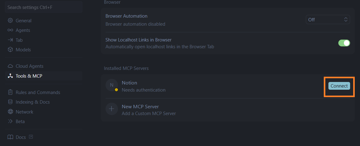 Cursor設定画面MCP Connect
