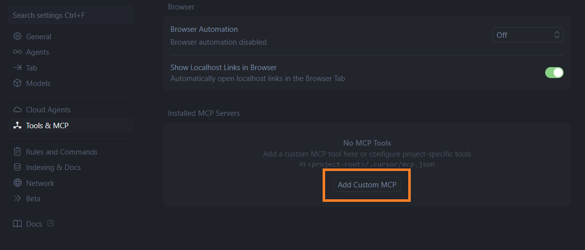 Cursor設定画面 Add Custom MCP