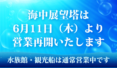 6月11日より海中展望塔の営業を再開いたします。