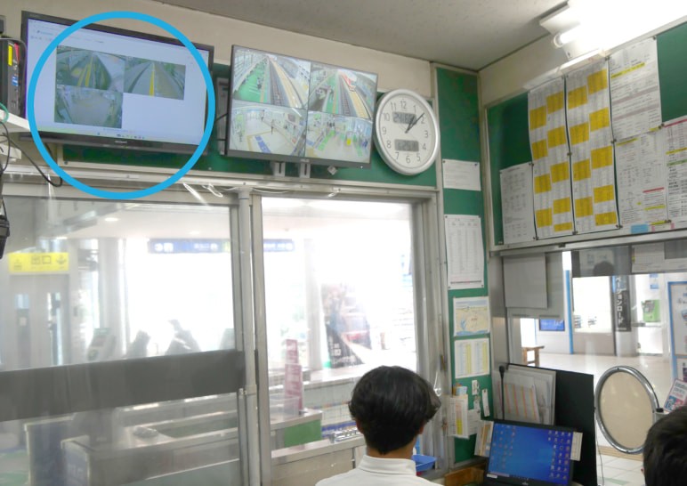 有人駅の窓口では、自駅内のリアルタイム映像と合わせ、近隣の無人駅の様子を遠隔で確認。
